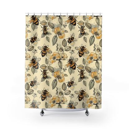 Bee shower curtain with vintage flowers