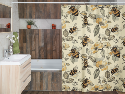 Bee shower curtain with vintage flowers