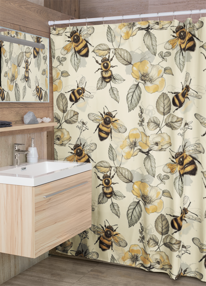 Bee shower curtain with vintage flowers