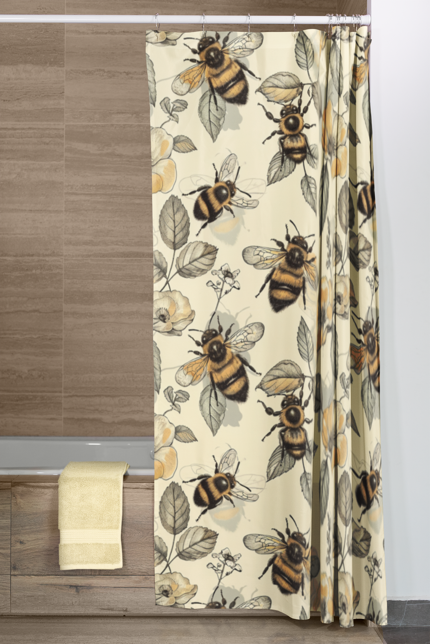 Bee shower curtain with vintage flowers